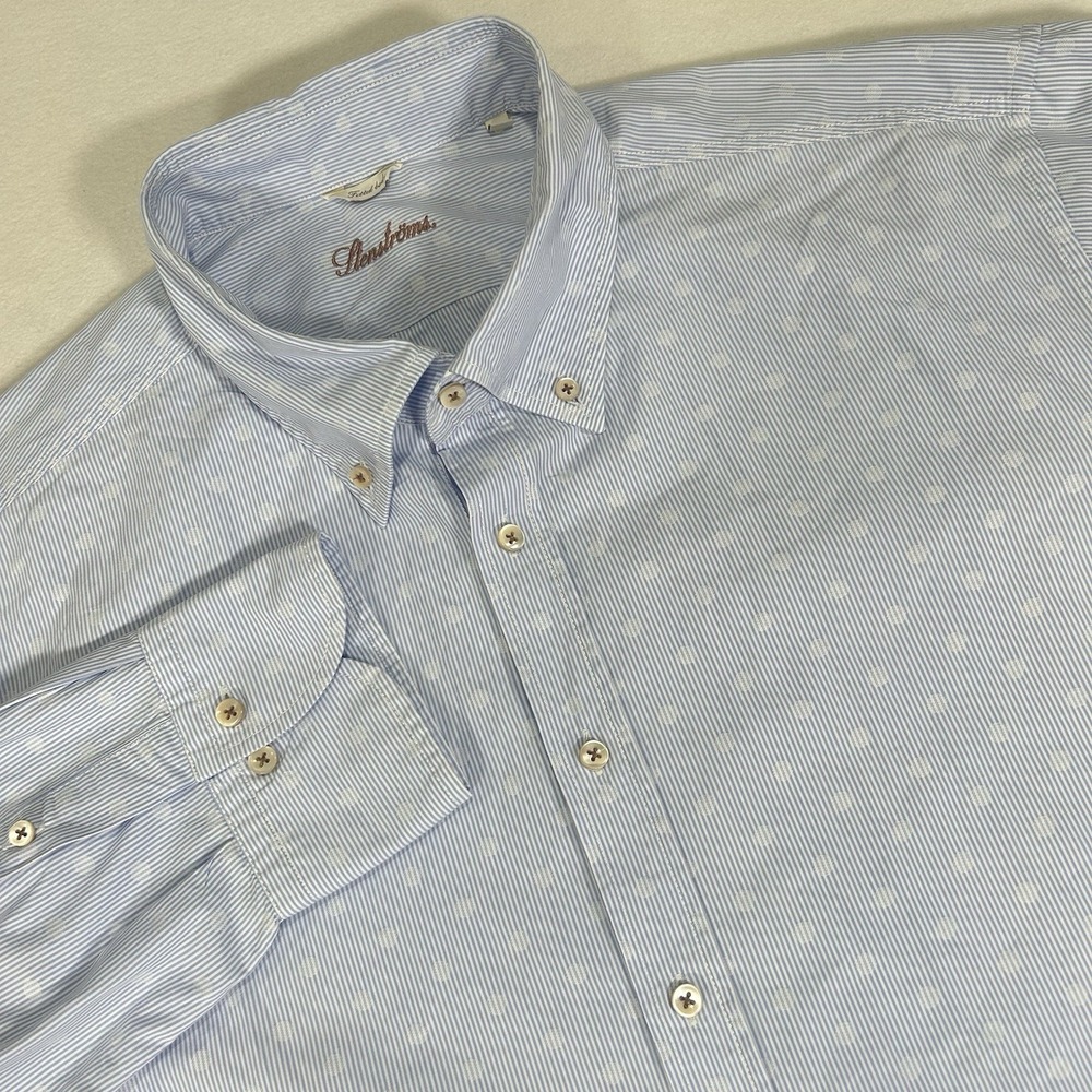 Stenstroms Mens 3XL Striped White Dot Casual Smart Shirt Light Blue Fitted‎ Body